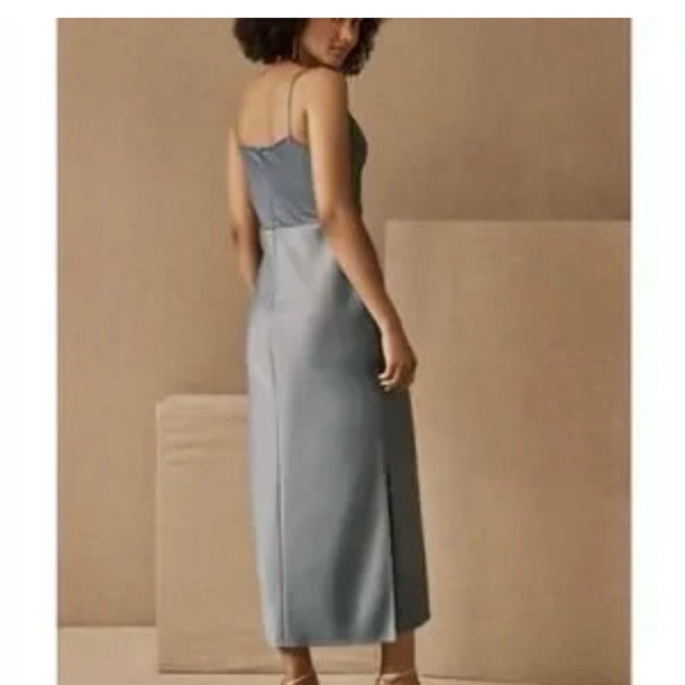 BHLDN dusty blue cowl neck satin bridesmaids dress